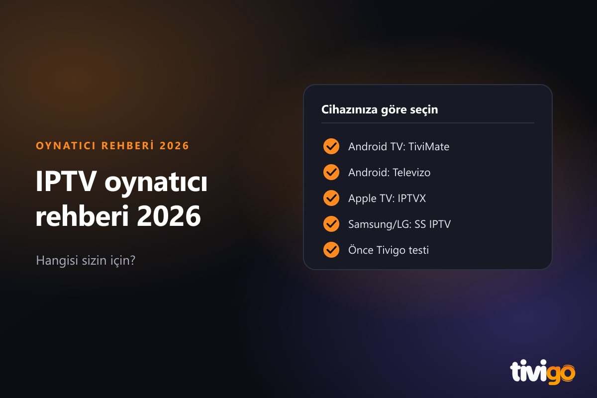 Farklı cihazlar için IPTV oynatıcı seçeneklerini gösteren kontrol listesi