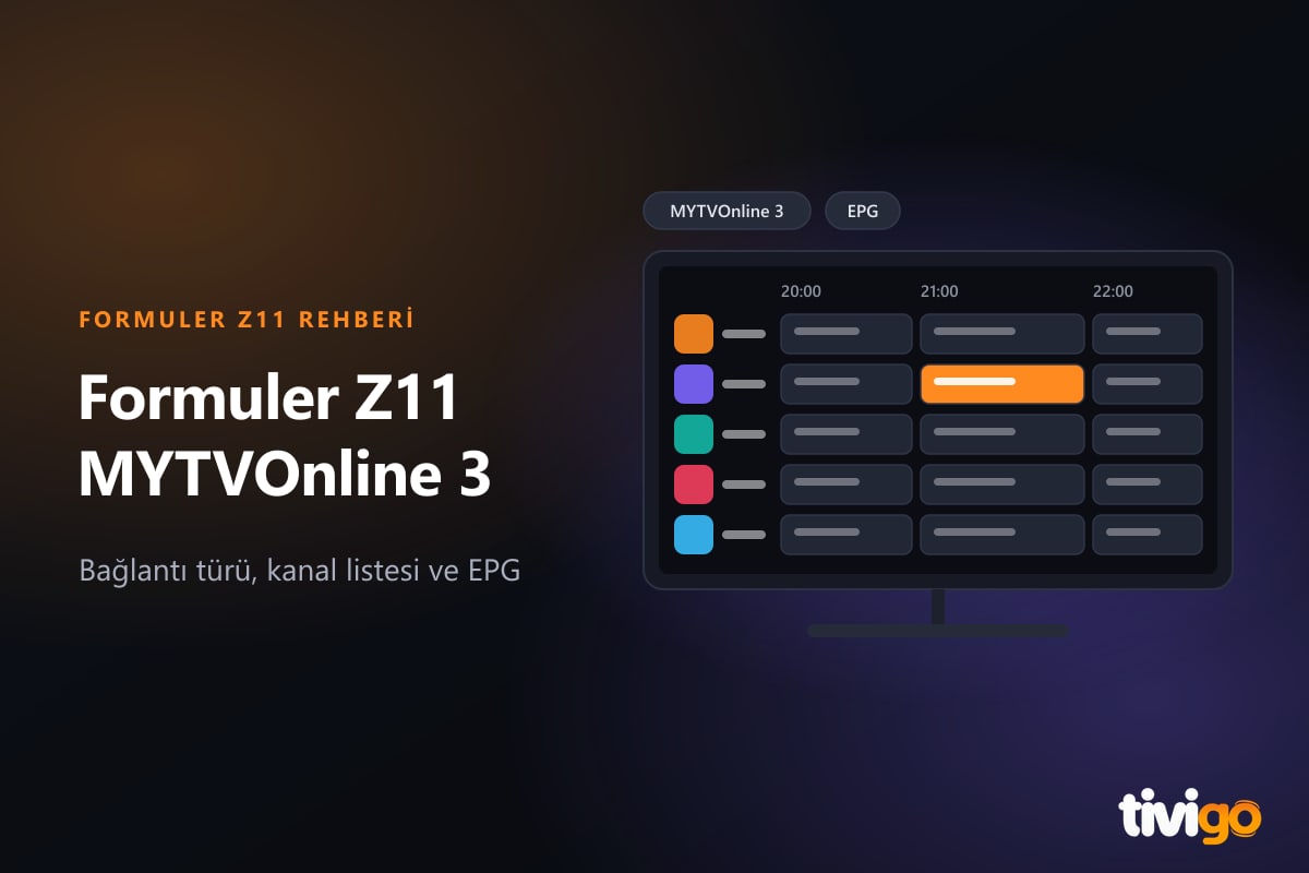 Formuler Z11 ve MYTVOnline3 kurulumunu temsil eden televizyon ve program rehberi çizelgesi
