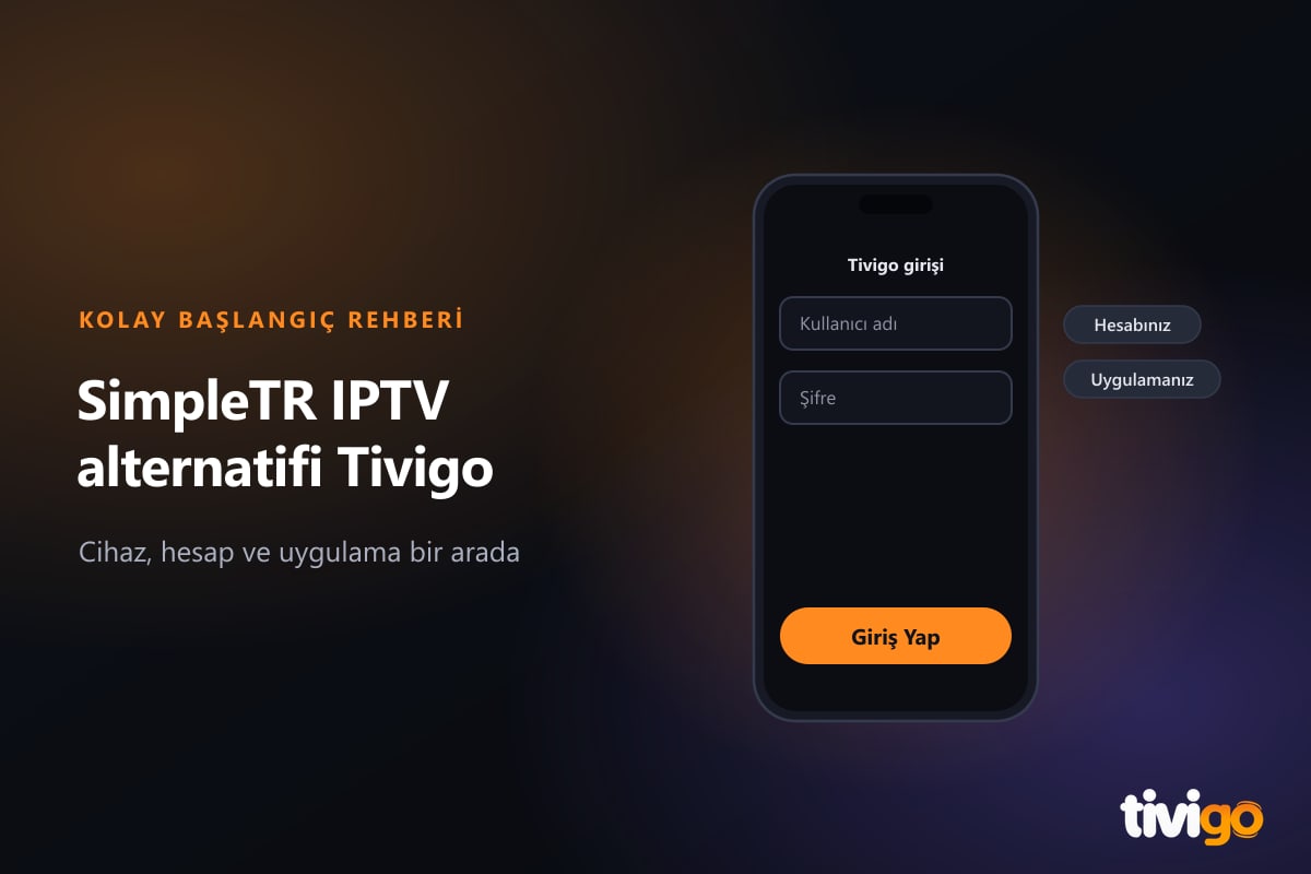 SimpleTR IPTV alternatifi Tivigo'da kullanıcı adı ve şifreyle girişi gösteren form çizimi