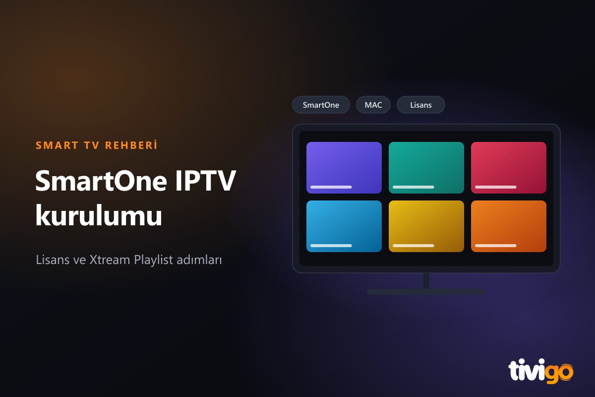 Televizyon ekranında SmartOne IPTV MAC adresi, liste adı ve lisans etiketleri